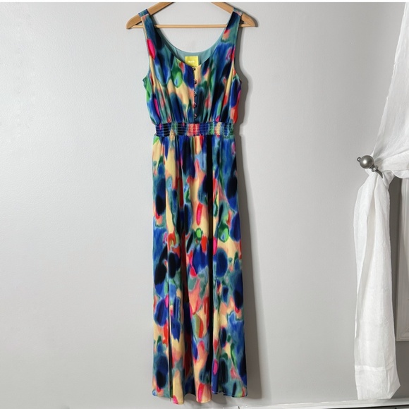 Anthropologie Maeve Aloisia Dress Silk Watercolor Maxi Length Front Slits Sz 8 - Picture 3 of 16
